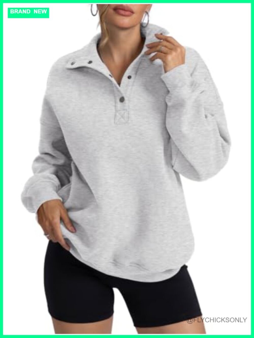 Oversized Henley Fleece Sweatshirt Button Neck Pullover